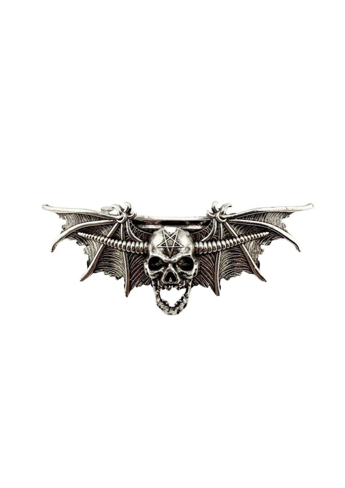 Silberner skull pentagram haarklammer mit fledermausflügeln und kettendetail im gotischen horror-stil